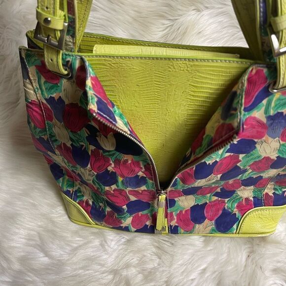 Sharon 71% silk multi color tulips & leather crocs print sage green satchel . - Picture 2 of 15